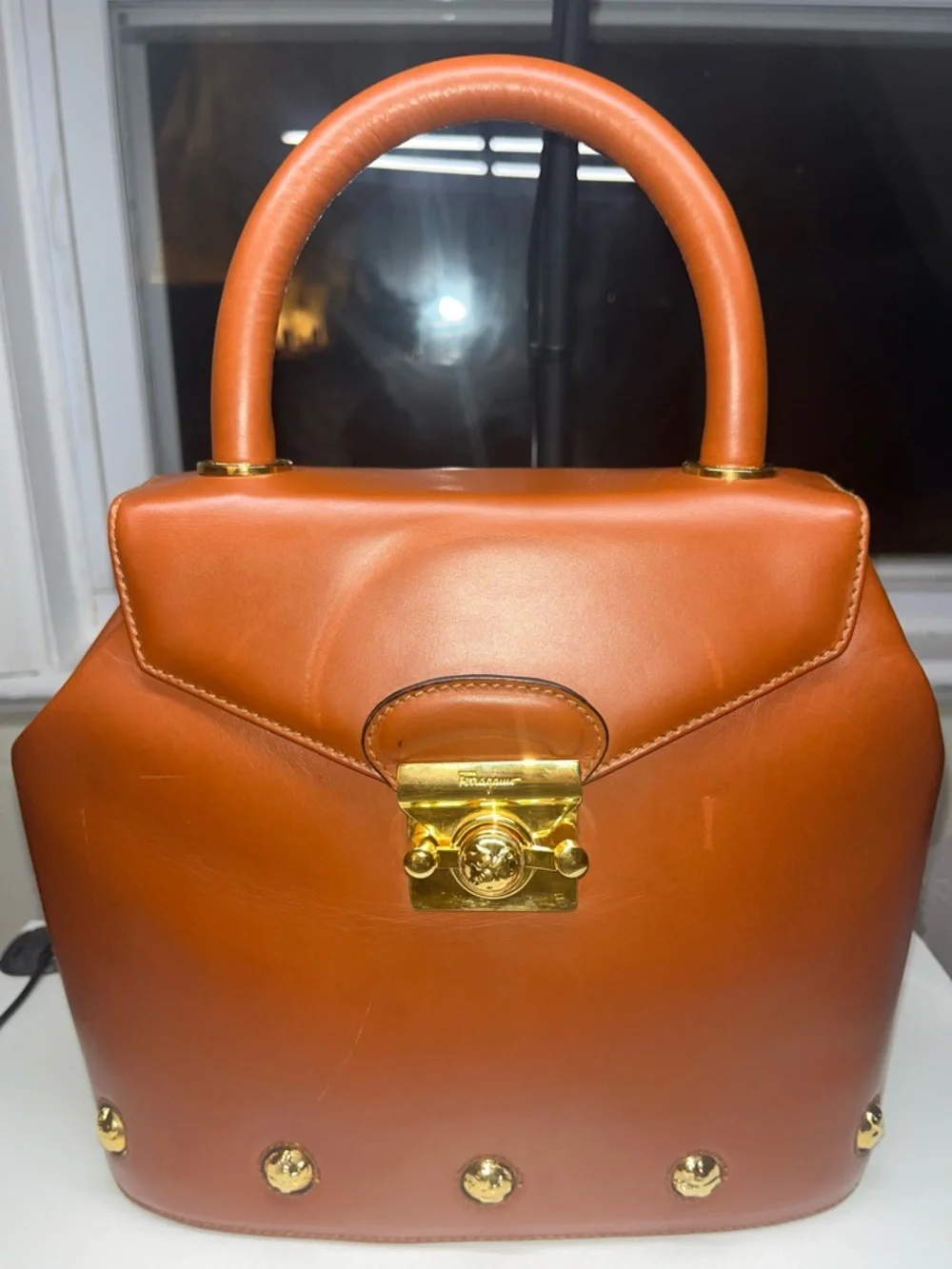 Salvatore Ferragamo Vintage Caramel Leather Top-Handle Bag with Silk Scarf (COA) - Picture 2 of 16